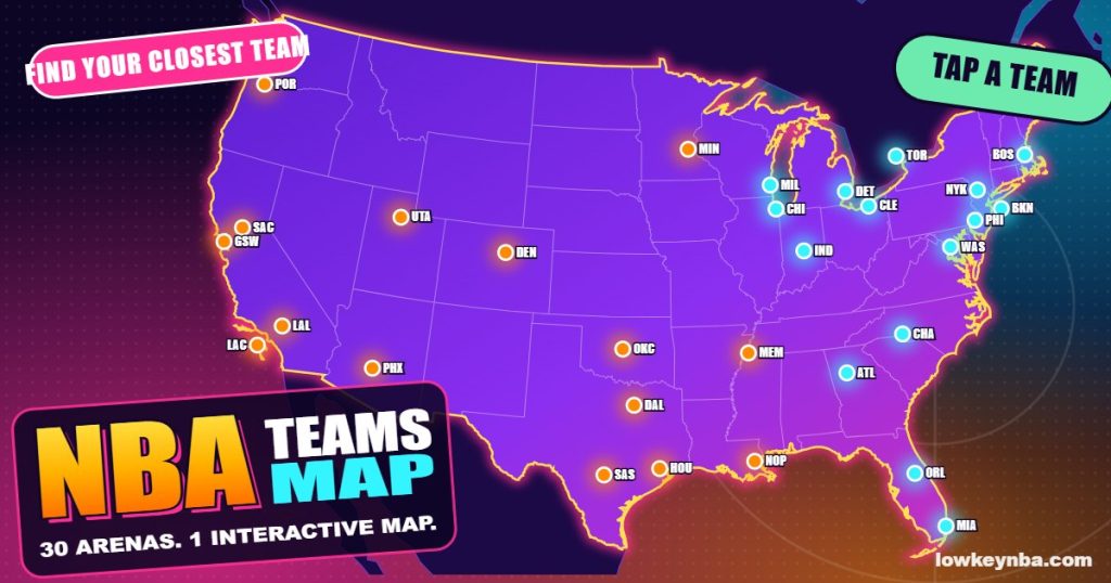 Neon map of the 30 NBA team arenas in the United States and Canada, East in cyan and West in orange